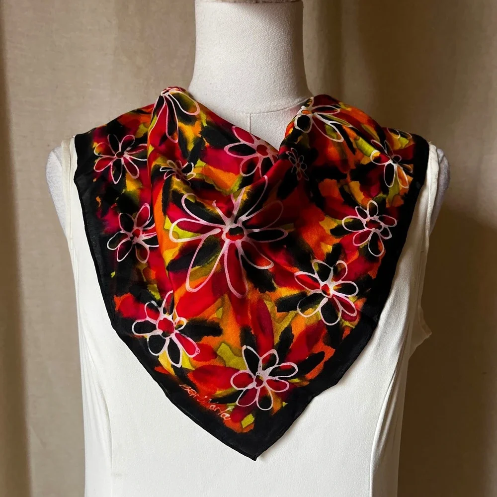 Hand Painted Silk‎ Scarf Floral Abstract Signed Barb Marla 20x21